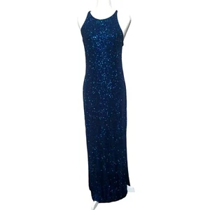 Vintage Glitter Dress Size 9 10 Navy Blue Long Length Open Back Ties High Vents - Picture 1 of 10