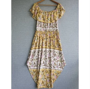 ONeill Dress Sz Extra Large Yellow Pink Floral Off Shoulder Bamboo Asymmetric - Picture 1 of 11