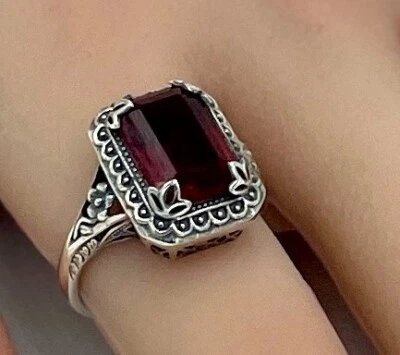 DEEP RED ANTIQUE STYLE 925 STERLING SILVER SIMULATED RUBY FILIGREE RING    #1328 - Image 1 of 4
