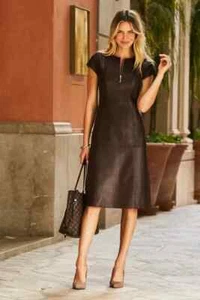 Nuevo Vestido Para Mujer Piel de Cordero Hecho a Mano Elegante Marrón Manga Corta Vestido - Imagen 1 de 8
