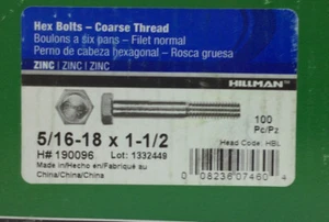 QTY 98 BULLONI ESAGONALI HILLMAN FILETTATURA GROSSO 5/16-18 X 1-1/2 190096 SPEDIZIONE GRATUITA - Foto 1 di 3