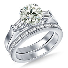 4.01 Ct Near White Moissanite Diamond Round & Baguette cut Bridal silver Ring 