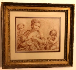 Women with children. Sepia c.1780 original engraving with !8th century frame - Picture 1 of 10