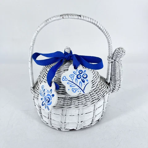 Vintage White Woven Wicker Rattan Teapot Shaped Basket Blue Bow Cottage Core Cover