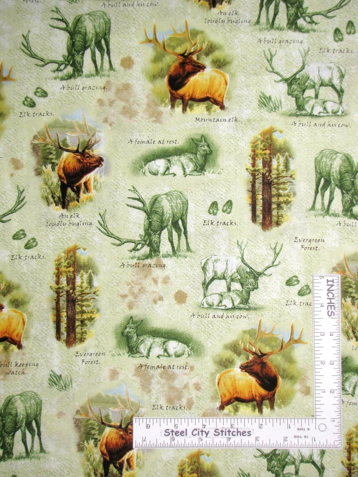 Animales de vida silvestre escenas de naturaleza tela de algodón verde QT alce de montaña por yarda Foto 1 de 1