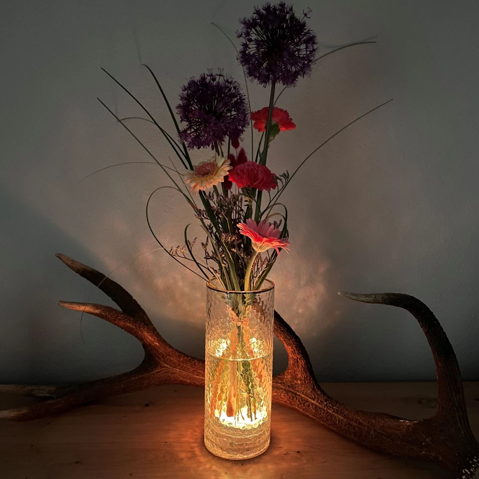 Große Blumenvase Glas mit LED-Unterwasserbeleuchtung - Rund Eckig - Hammerschlag - Bild 1 von 1