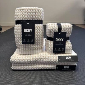 8 Pc. DKNY Monet Tile Beige White Squares Dots Stripes Bath Towel Towels Gingham - Picture 1 of 11