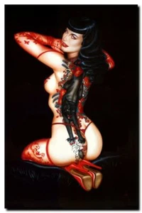 Bettie Page Tattoo Vintage Pinup A4 CANVAS PRINT Illustration 8"X 12" - Picture 1 of 1