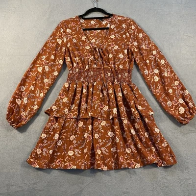 Forever 21 Women's Orange Floral Tiered Ruffle Mini Dress, Smocked Waist, Size L - Image 1 of 4
