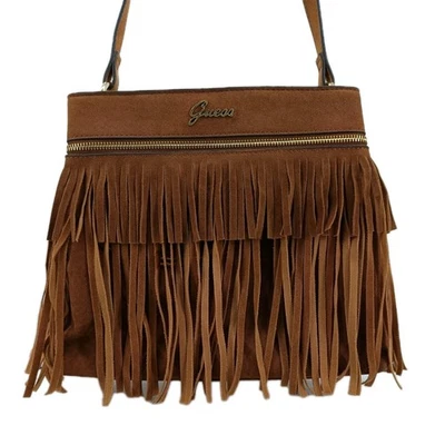 Guess Damen Tasche Mittel Braun Fransen Logo Bohemian Abnehmbare Fransen - Bild 1 von 4