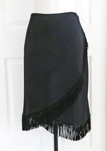 St John Sport Marie Gray Black Santana Knit Suede Fringe Wrap Midi Skirt XLPlus - Picture 1 of 9