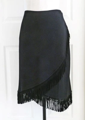 St John Sport Marie Gray Black Santana Knit Suede Fringe Wrap Midi Skirt XLPlus - Image 1 of 4