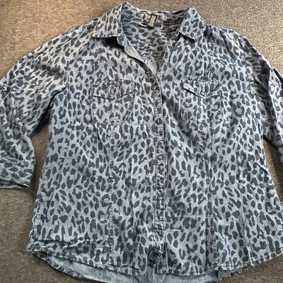 Karen Scott Womens Denim Button-Up Shirt Blouse Petites L Blue Leopard Print - Image 1 of 4