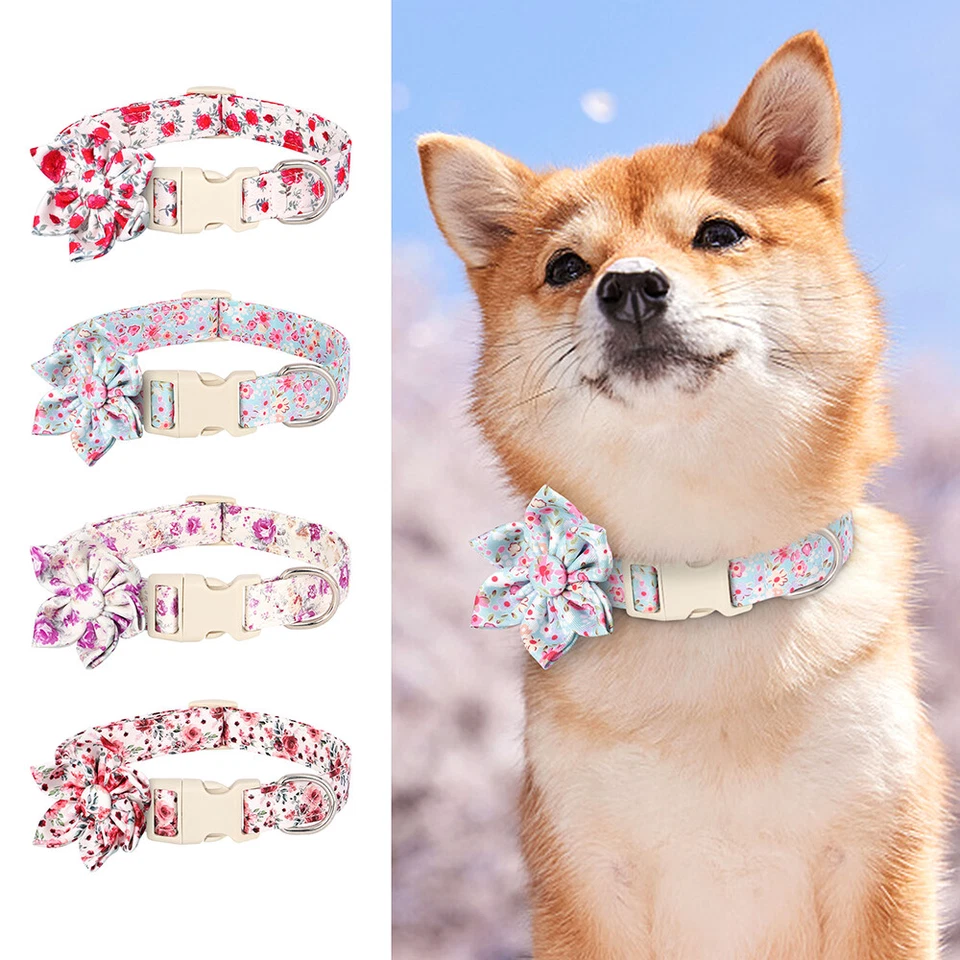 Floral Nylon Dog Collar with Removable Flower Adjustable Buckle Pet Necklace S-L - Image 1 of 4
