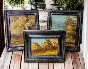 Set Of 3 Framed Oil Paintings For Table or Hanging, Northern Fall Forest & Lake - Picture 1 of 7