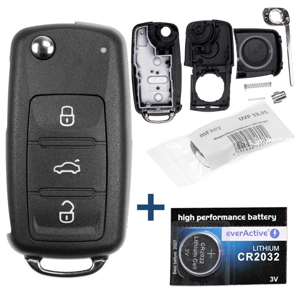 mt-key 02HV08 Qualität Auto Schlüssel Gehäuse und Batterie Kompatibel mit VW SEAT Skoda