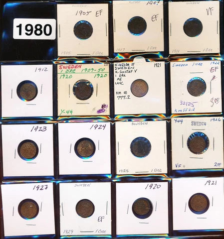 SWEDEN - 1 ORE LOT - 1905 - 1921 - 15 coins - #1980 Cover