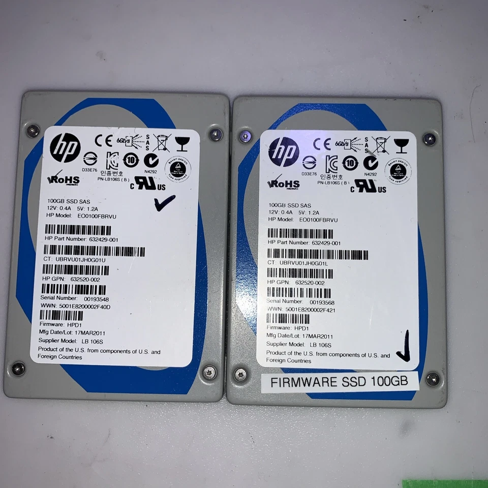 2 x HP 100GB SAS 6G 2.5'' Solid State Drive 632429-001  ( 1000 days remaining ) - Image 1 of 3