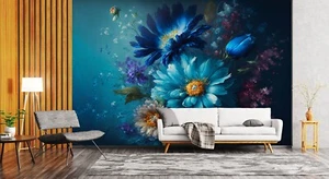 3D Blue Flowers G4029 Wallpaper Wall Murals Removable Self-adhesive Erin - Picture 1 of 11