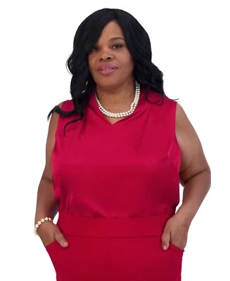 Pullover Kasper cuello en V sin mangas plisado-hombro para mujer XL carmesí liso Foto 1 de 4