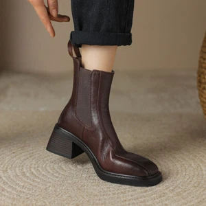 French Style Womens Real Leather Pull on Ankle Boots Mid Block Heels Square Toe - Picture 1 of 16