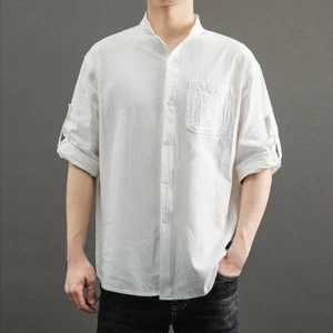 Men Cotton Linen Shirts Tops Stand Collar 3/4 Sleeve Casual Blouse Button - Picture 1 of 12