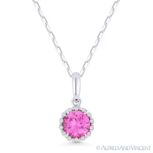 0.65ct Pink Lab-Created Sapphire & Diamond Halo 14k White Gold Necklace Pendant - Picture 1 of 2