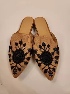 Damen-Slipper-Schuhe ohne Marke Sackleinen und schwarz perlenfarbene Blume Gr. 9 - Bild 1 von 5