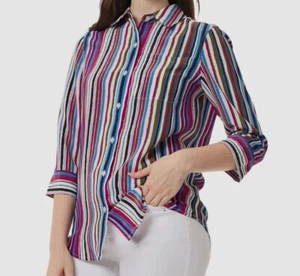 Jones New York Womens Blue Pink Striped 3/4-Sleeve Shirt Top Petite Size PXL - Picture 1 of 3