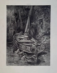 Lithographie de HERVIER, bateau de pêche, maisons de pêcheurs, tonneaux - Imagen 1 de 2