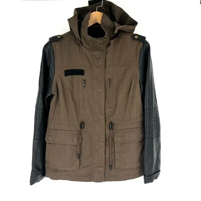 MAURICES Army Jacket Womens Size M Faux Leather Sleeves Green Hooded - Image 1 of 4