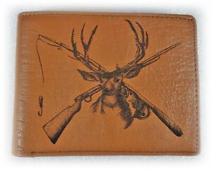 Handcrafted Genuine Leather Wallet with Custom Engraving of a Deer Hunter