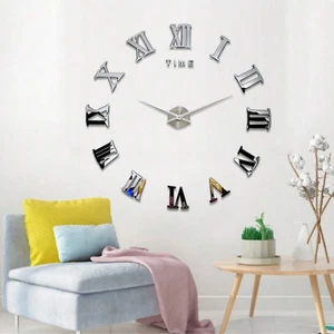 3D DIY LARGE ROMAN NUMERALS LUXURY MIRROR WALL STICKER CLOCK HOME DECOR 16-47CM - Picture 1 of 7