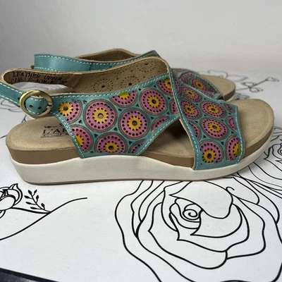 L'Artiste Spring Step D-Cirele Sandal Teal Pink Laser Cut Leather Size 37 6.5-7 - Image 1 of 4