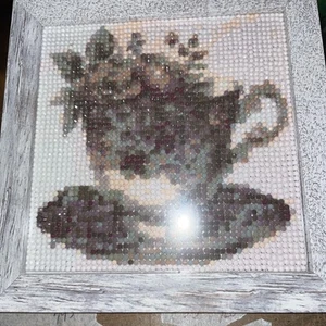 Unique Handmade Bead Art - Teacup With Flowers. Framed - Picture 1 of 1