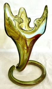 Vtg MCM Murano Hand Blown Art Glass Vase Swung Trumpet Swirl Coil Base Slung 11” - Picture 1 of 12