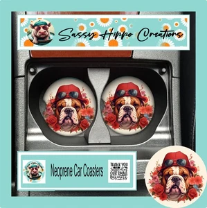 Car Coasters English Bulldog Dog Puppy Hat Anthropomorpic Set of 2 Neoprene - Picture 1 of 5