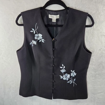 VTG Casual Corner Vest Womens XL Black Floral Embroidered Button Up NOS - Image 1 of 4