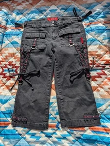 VTG Y2K Tripp NYC Black red Stitching Capri Pants Bondage Goth Punk Emo Rave 9 - Picture 1 of 12