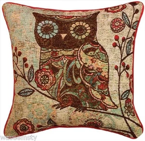Almohada de tapiz de diseño floral diseño floral Woodland Hoot búho con decoración de acento de tuberías - Imagen 1 de 2