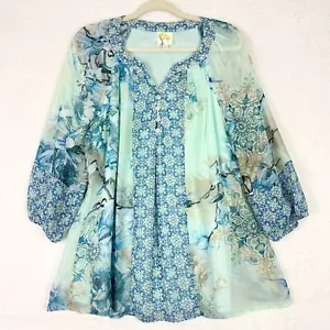 Fig and Flower Blumen Top Größe 1X Pastellblau 3/4 transparente Ärmel Popover - Bild 1 von 6