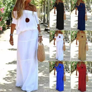 Ladies Bardot Maxi Dress Women Holiday Off Shoulder Beach Long Dresses Plus Size - Picture 1 of 17