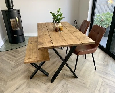 Rustic Dining Table X-Frame Steel Legs . Industrial Style. - Image 1 of 4