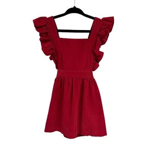Bella Bliss Girls Red Corduroy 100% Cotton Ruffle Trim Apron Dress 4 - Picture 1 of 5