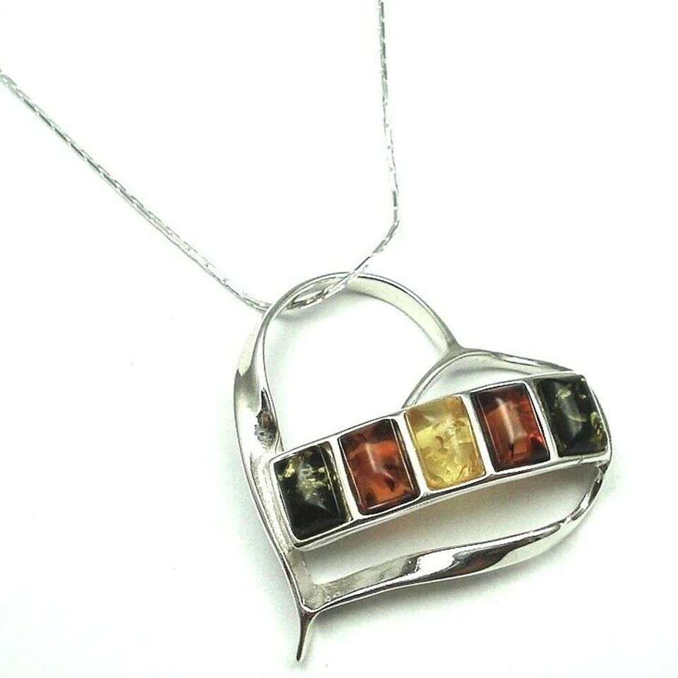 925 Argento Sterling Vera Ambra Baltica Cuore Ciondolo Collana Omaggio Bag - Immagine 1 di 1