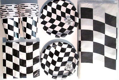 Black & White Checkered Flag Racing Birthday Party Supply Kit Set w/ Invitations - Image 1 of 2
