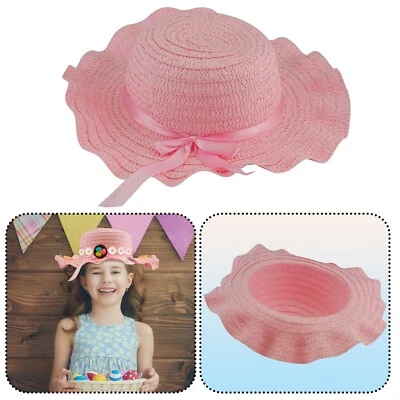 52cm Easter Bonnet Pink Straw Woven Hat with Ribbon Kids Fancy Dress Summer Hat - Image 1 of 4