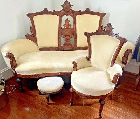 1840’s Antique Victorian Mahogany Couch, Chair & Stool Ivory Fabric - Beautiful! Cover