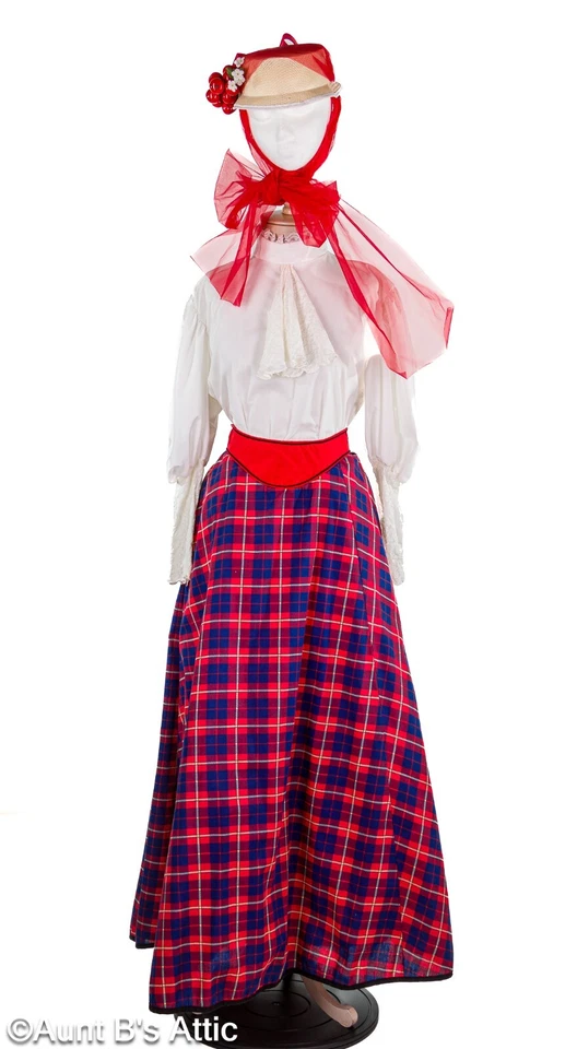 Disfraz Victoriano Dama 4 Piezas Falda Roja a Cuadros Blanco Blusa Red Acurrumiento y Sombrero de Paja Lg Foto 1 de 4