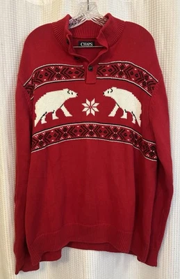 Ralph Lauren Chaps Red Alpine Intarsia Polar Bear Sweater- Mens Size XL - Image 1 of 4